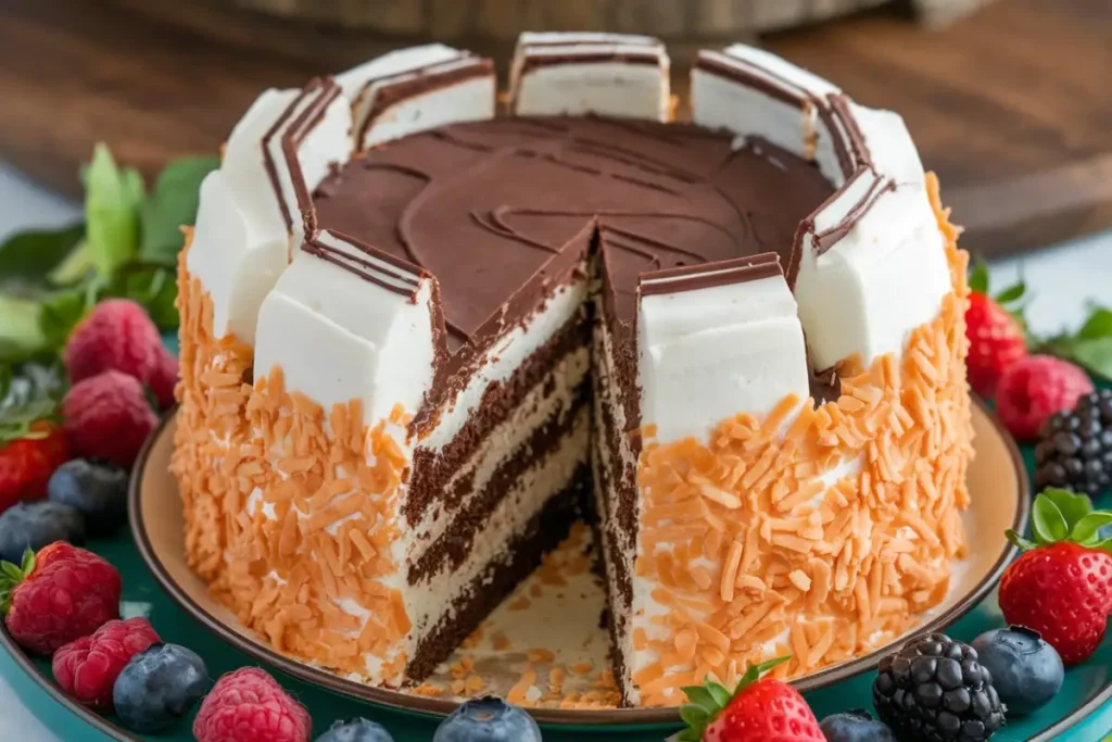 Best Mounds Cake Recipe – A rich chocolate cake with creamy coconut filling and glossy ganache.