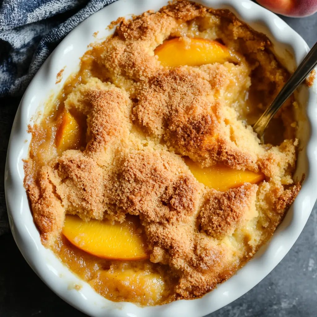 Freshly baked peach cobbler with a golden crust served in a baking dish.