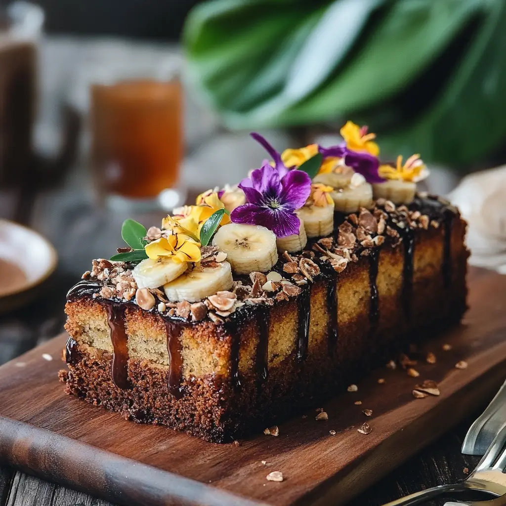 A freshly baked loaf of Hawaiian banana bread with coconut and pineapple on a wooden board.