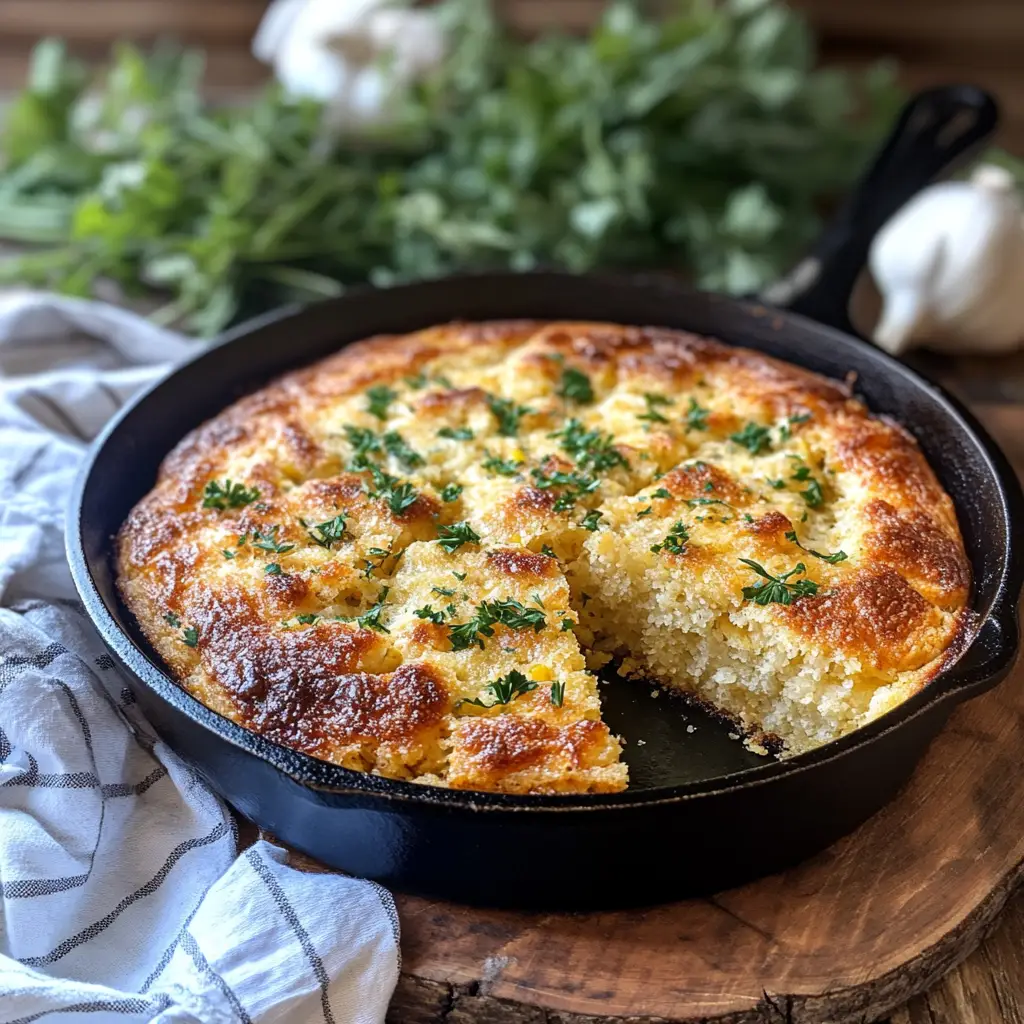 A skillet of freshly baked Southern cornbread with a golden crust