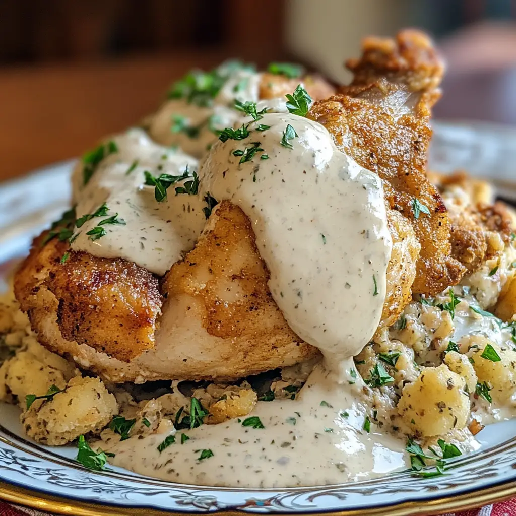 A rustic plate of chicken and dressing garnished with herbs