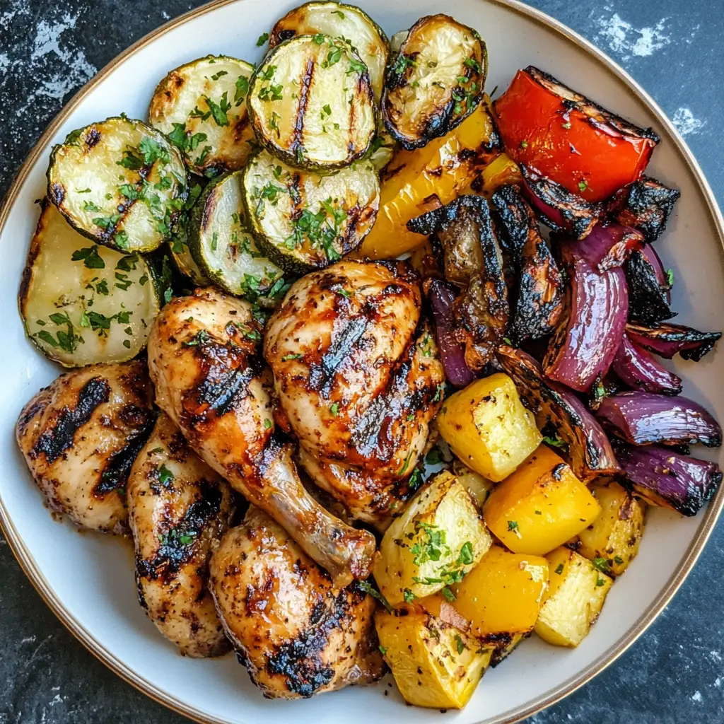 Pollo asado served on a wooden platter with grilled vegetables and lime wedges.