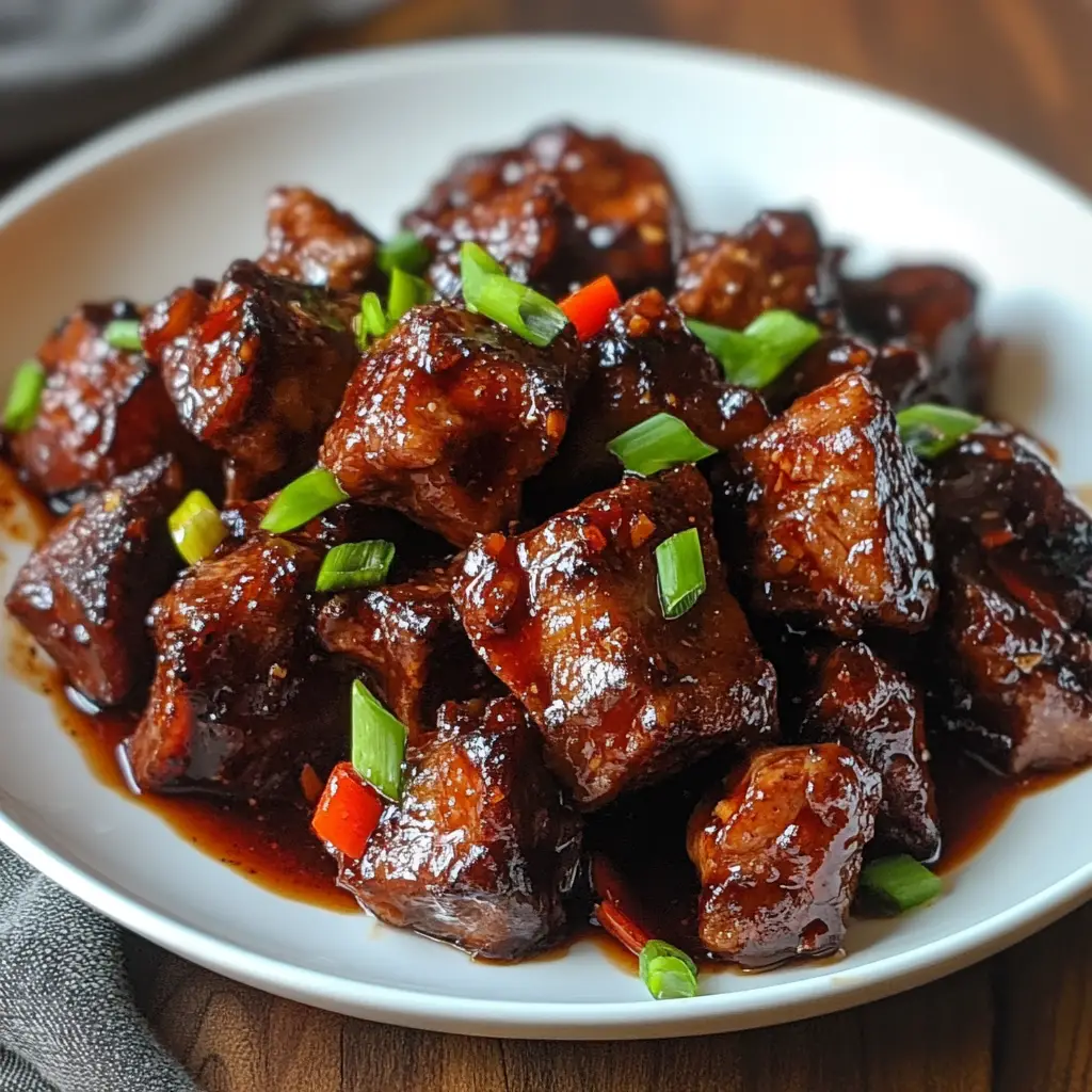 Juicy pork boneless rib meat chunks served on a plate with fresh parsley garnish.