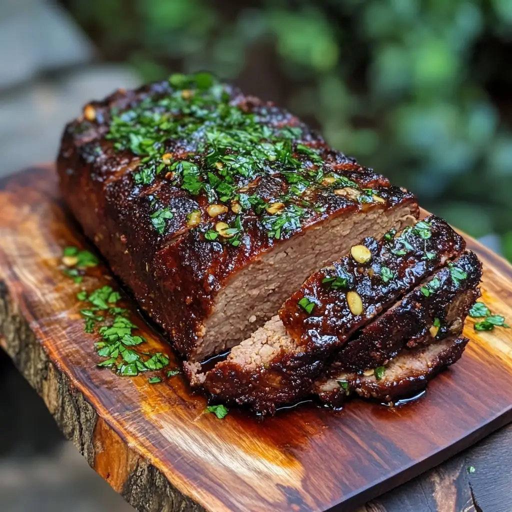 Smoked meatloaf sliced and served on a wooden platter