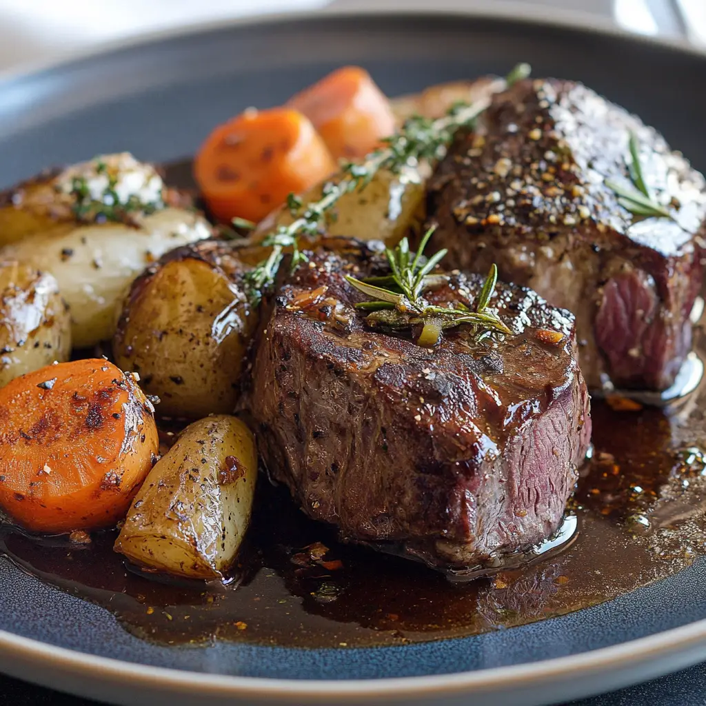 A perfectly cooked venison roast with roasted vegetables on a dinner table.