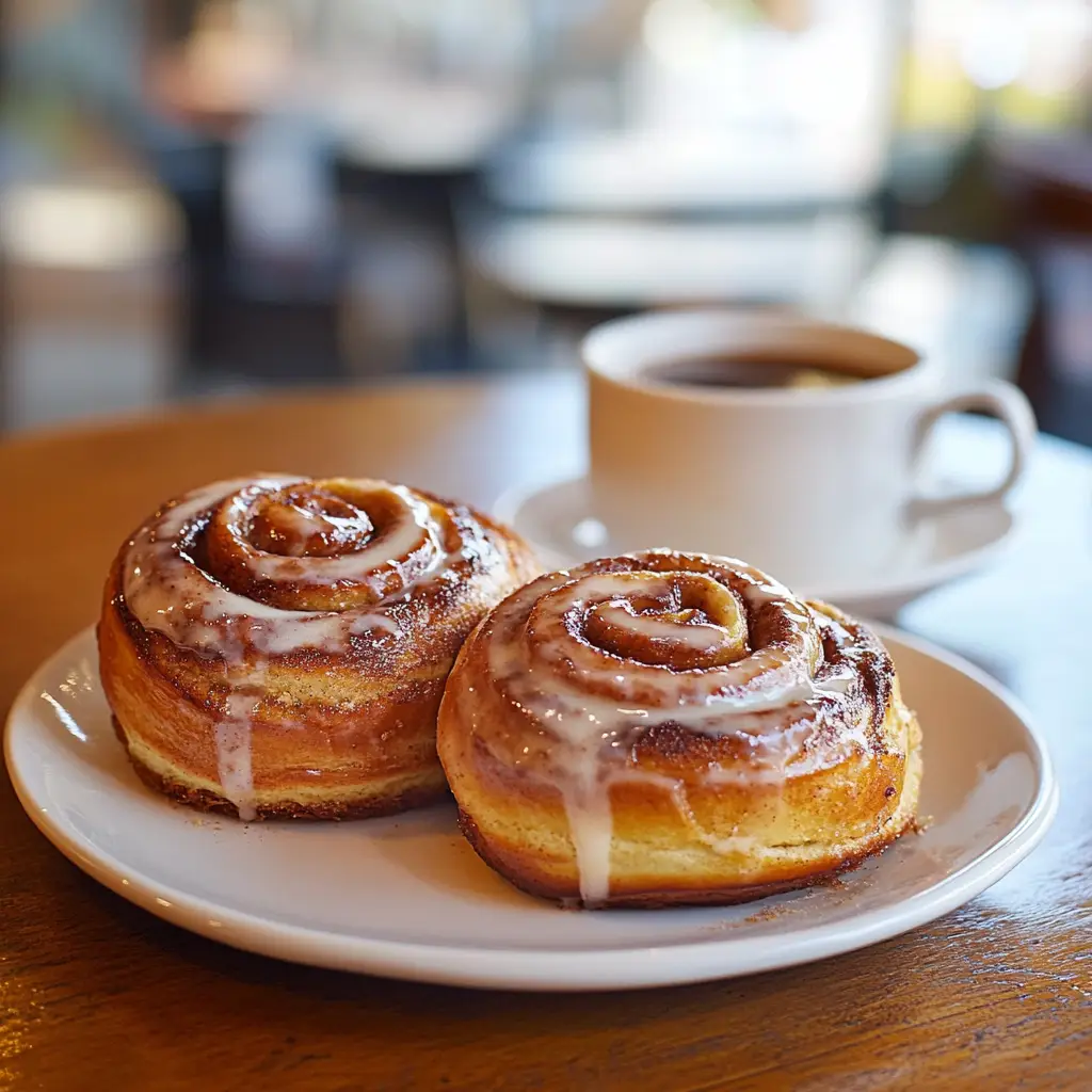 A plate of freshly baked sourdough cinnamon rolls topped with cream cheese frosting