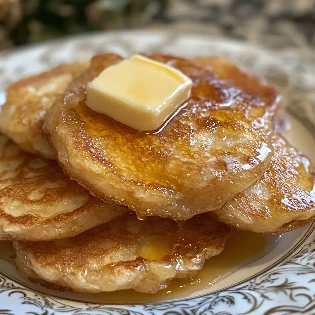 A plate of golden-brown hoe cakes served with butter and honey.