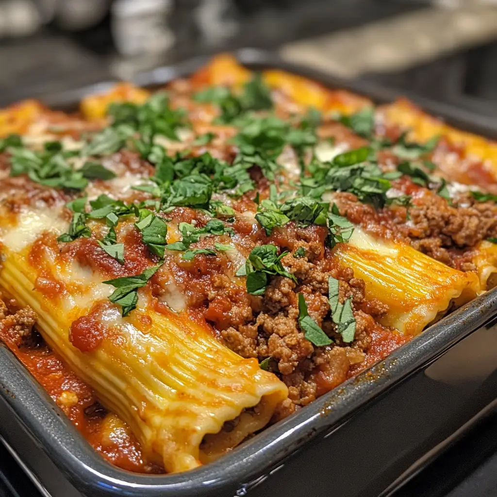 Manicotti with meat topped with melted mozzarella and marinara sauce on a serving plate.