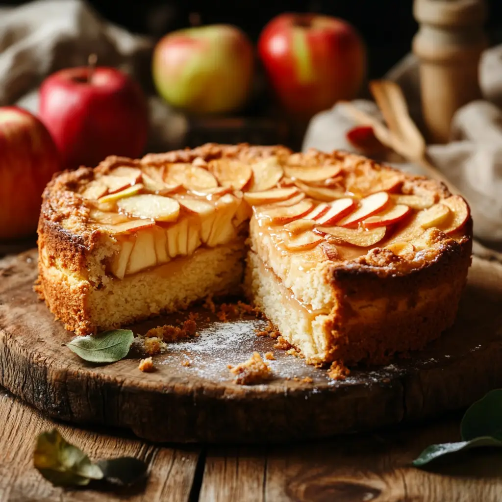 A fresh apple cake on a wooden table surrounded by whole apples and cinnamon sticks.