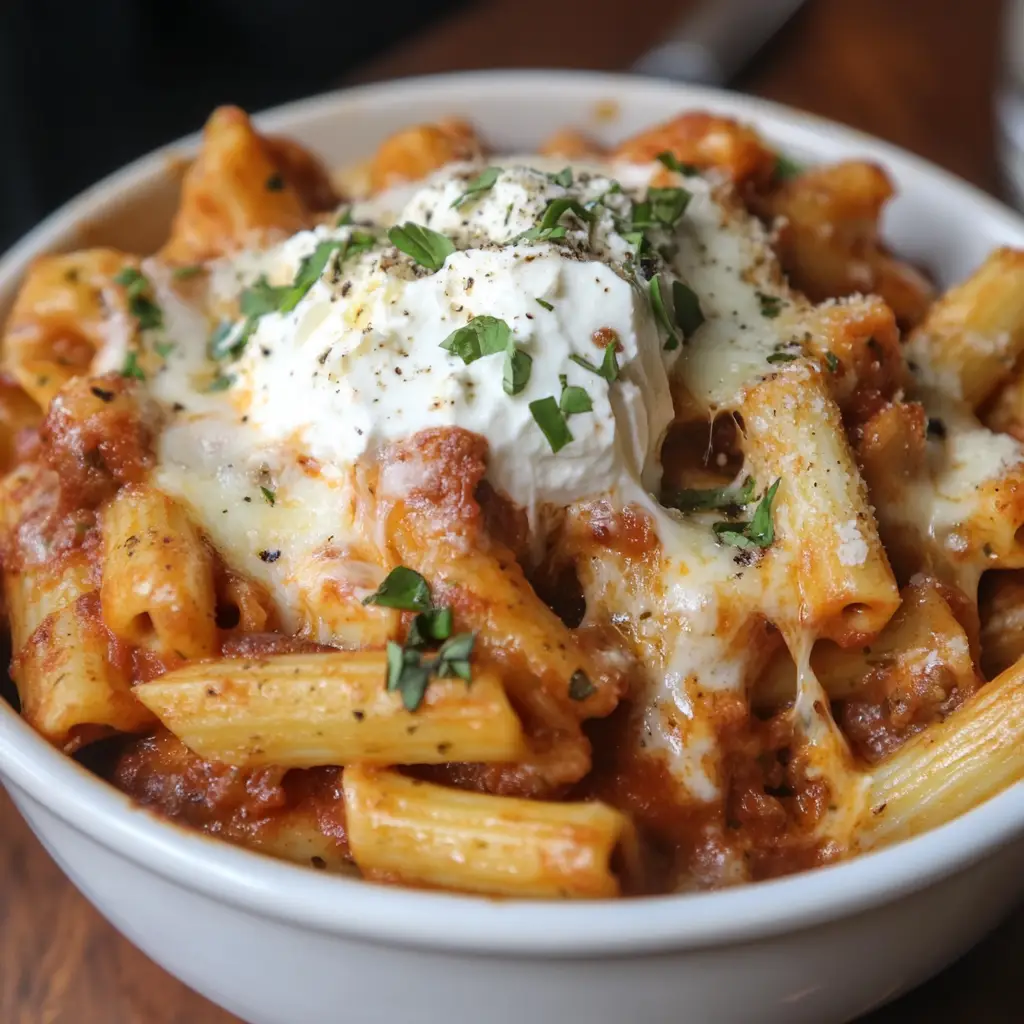 A golden-brown baked ziti without meat fresh out of the oven.