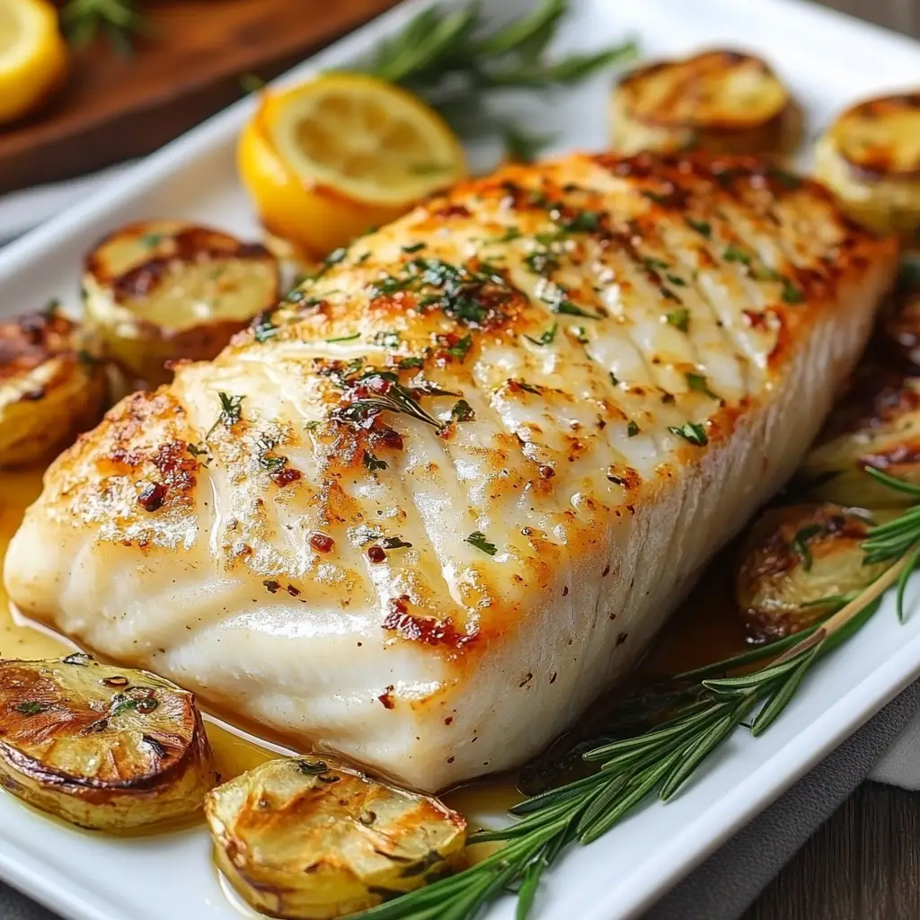 Delicious rockfish fillets with lemon and herbs on a wooden platter.