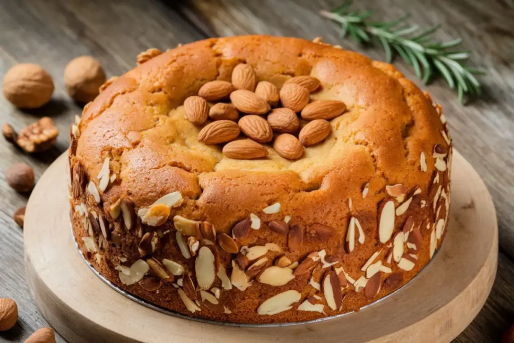 Almond Nut Cake Recipe – A moist, golden brown cake topped with sliced almonds, served on a rustic wooden table with tea.