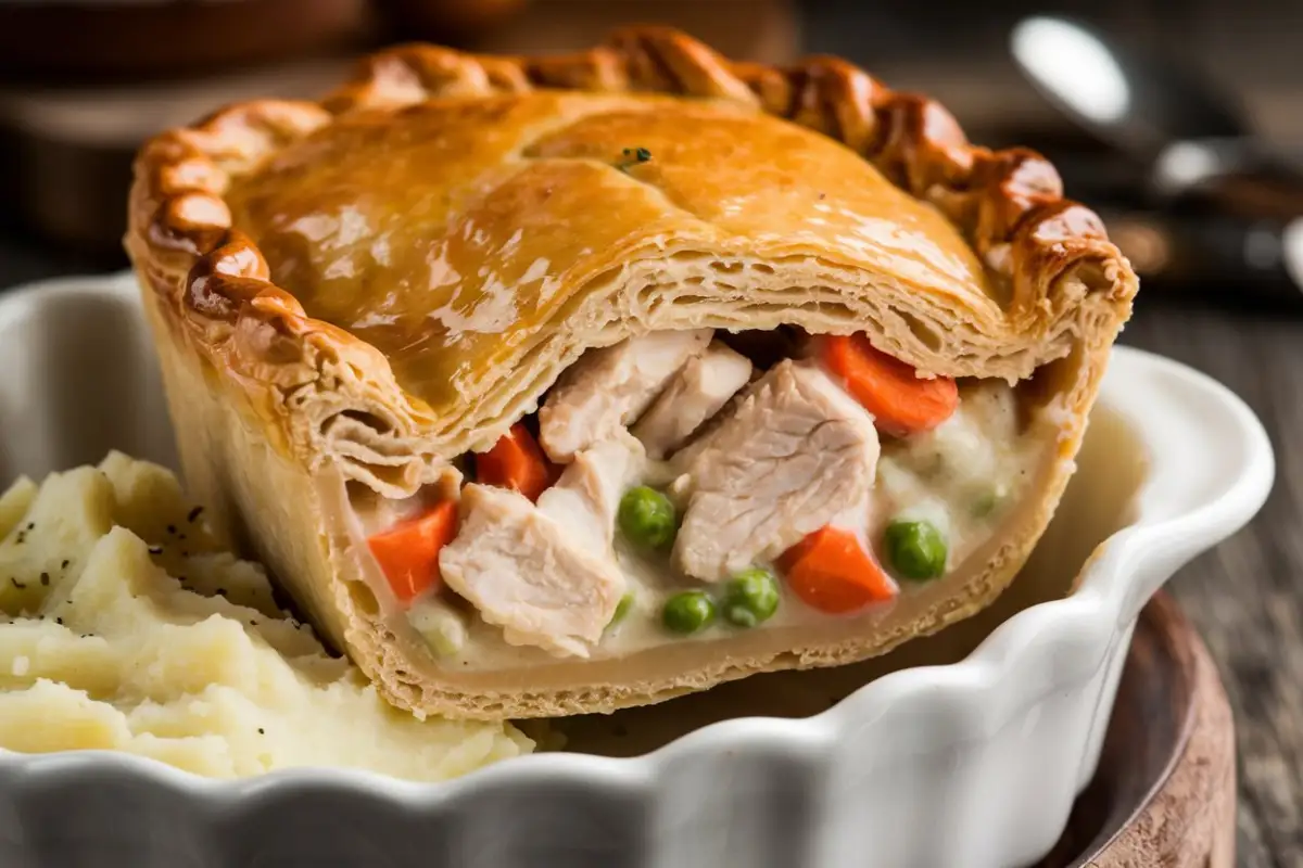 Chicken pot pie recipe with a golden, flaky crust and creamy filling