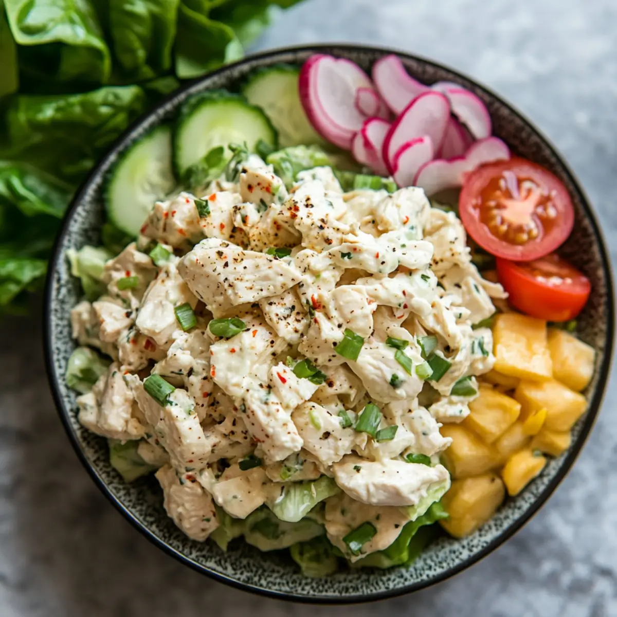 A fresh bowl of homemade Chicken Salad Chick served with crackers and greens.