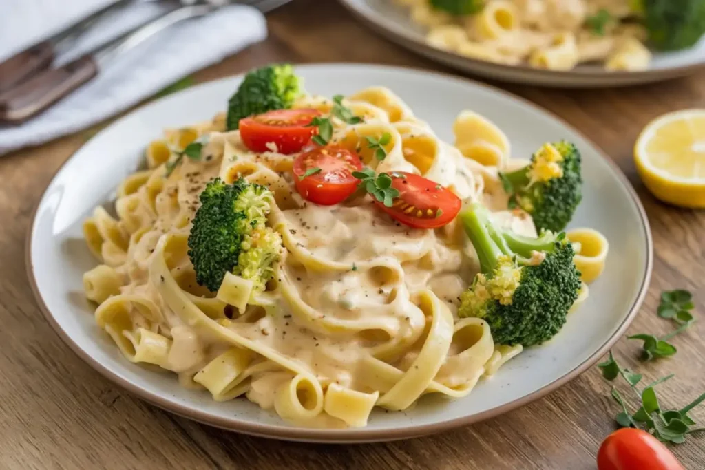 Vegetarian Alfredo Recipe - A creamy plate of fettuccine Alfredo garnished with fresh parsley and Parmesan.