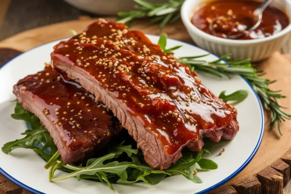 Boneless beef ribs recipe – juicy, tender ribs with a caramelized barbecue glaze, served with mashed potatoes and grilled vegetables.