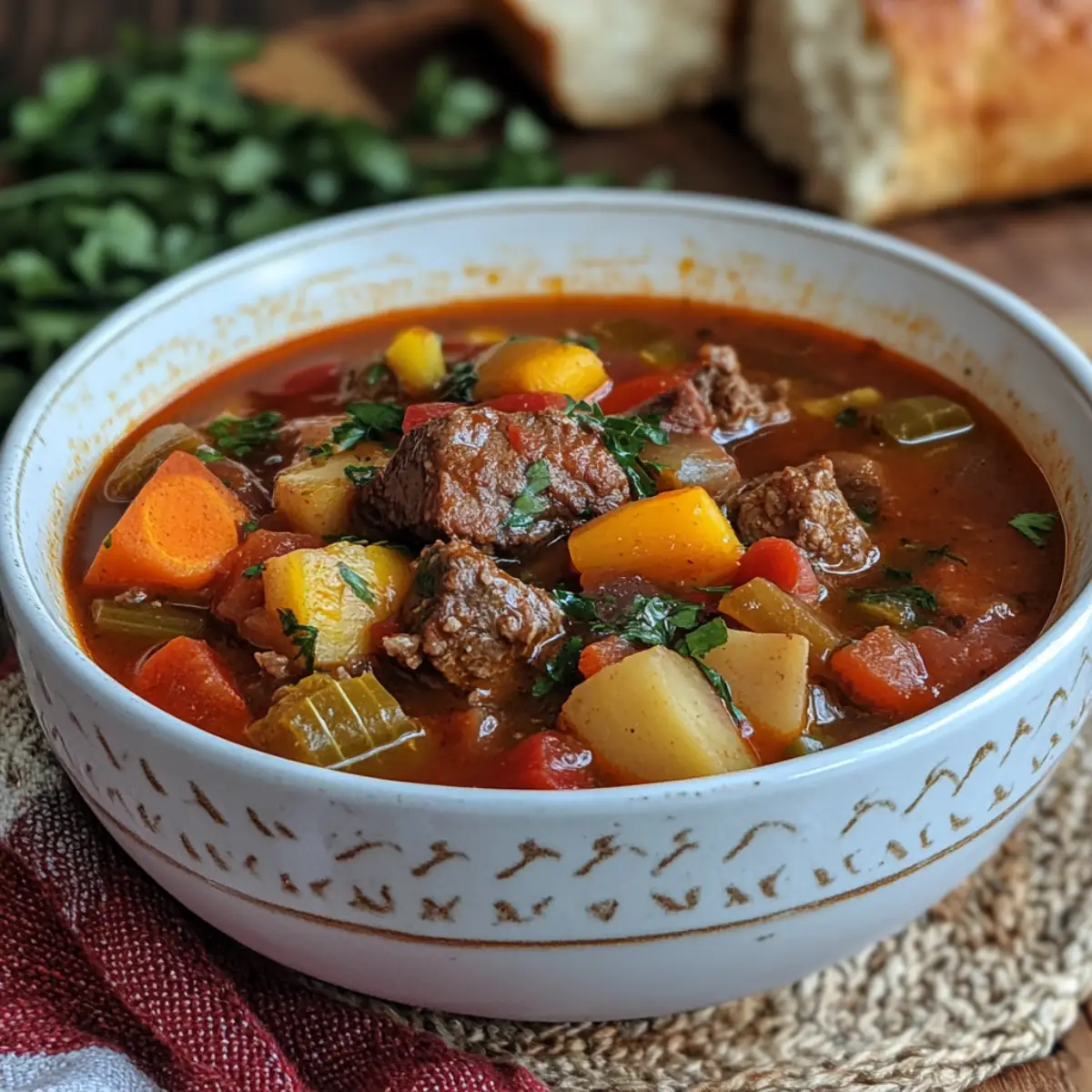 A steaming bowl of old-fashioned vegetable beef soup with fresh vegetables and beef chunks.