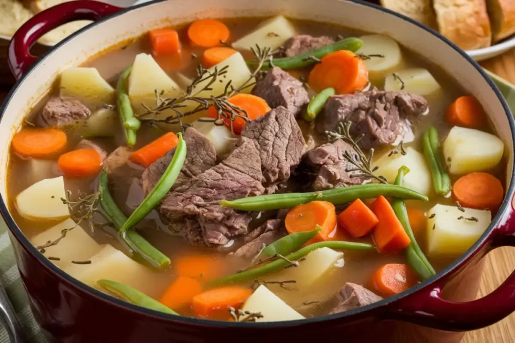 Old-Fashioned Vegetable Beef Soup Recipe – A hearty bowl of vegetable beef soup with tender beef, carrots, potatoes, and green beans in a rich broth.
