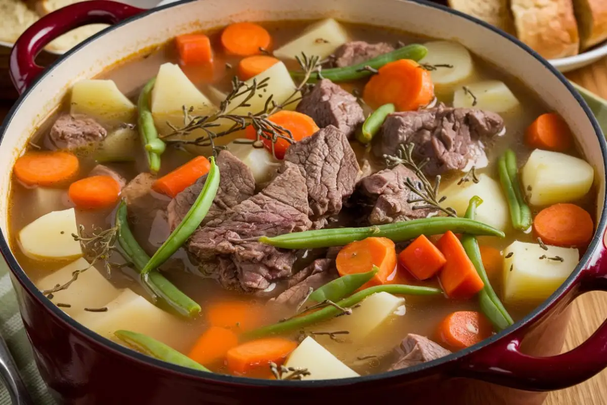 Old-Fashioned Vegetable Beef Soup Recipe – A hearty bowl of vegetable beef soup with tender beef, carrots, potatoes, and green beans in a rich broth.