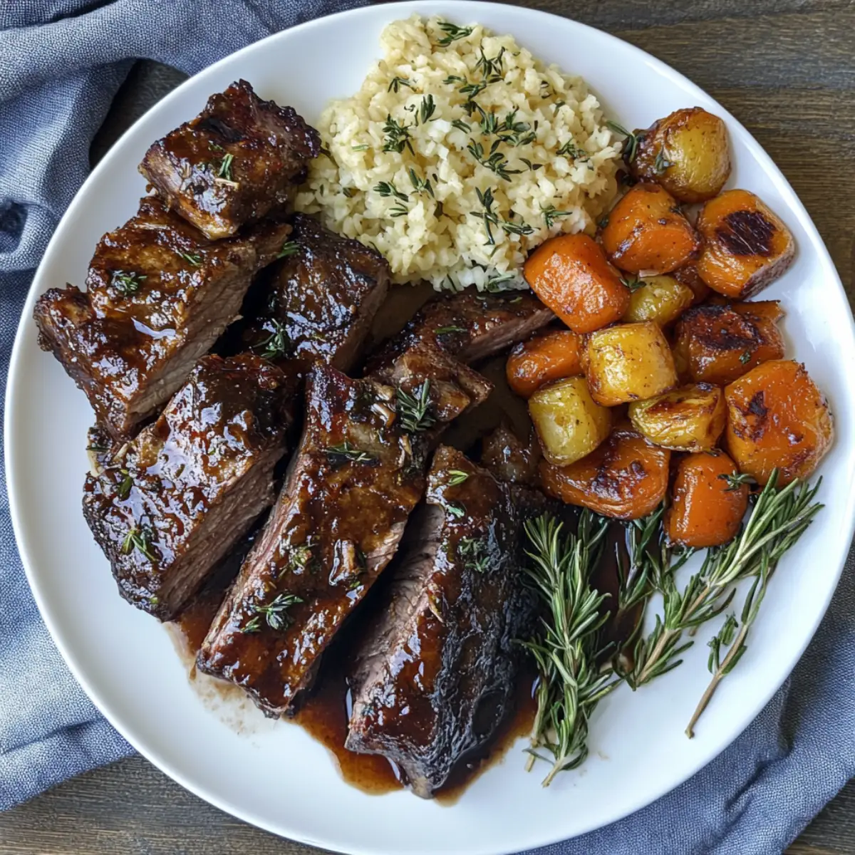 Boneless beef ribs served with mashed potatoes and vegetables.