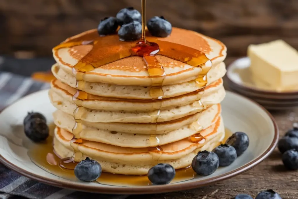 Cracker Barrel Pancake Recipe – A stack of golden-brown pancakes with butter and maple syrup on a rustic wooden table.