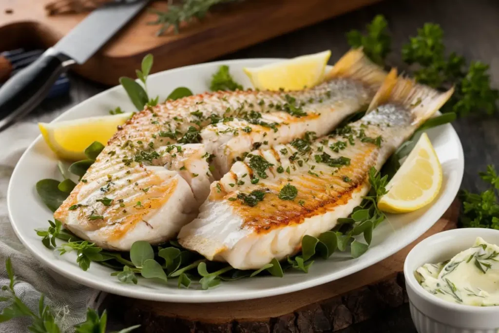 Rockfish recipes - Pan-seared rockfish with garlic butter and roasted vegetables.