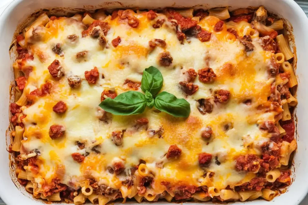Meatless baked ziti fresh out of the oven with golden melted cheese and fresh basil garnish.