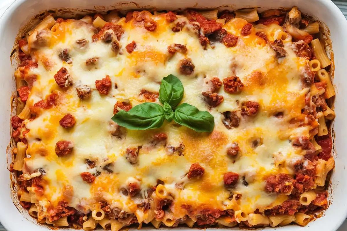 Meatless baked ziti fresh out of the oven with golden melted cheese and fresh basil garnish.