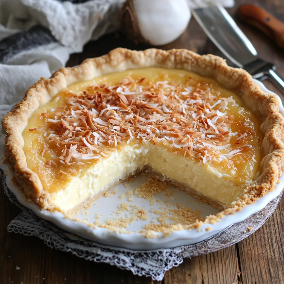 Coconut custard pie with toasted coconut flakes on a wooden table.