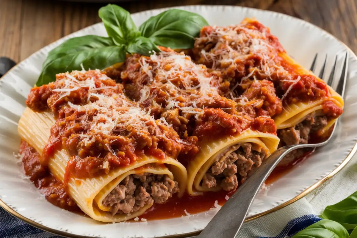 Manicotti recipe with meat – baked pasta with marinara sauce and melted mozzarella.