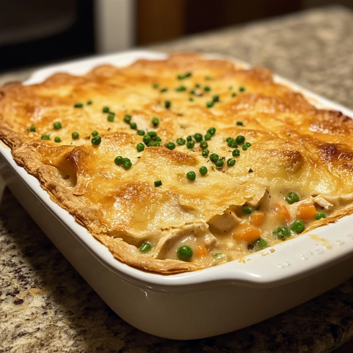 Chicken pot pie on a wooden table surrounded by vegetables.