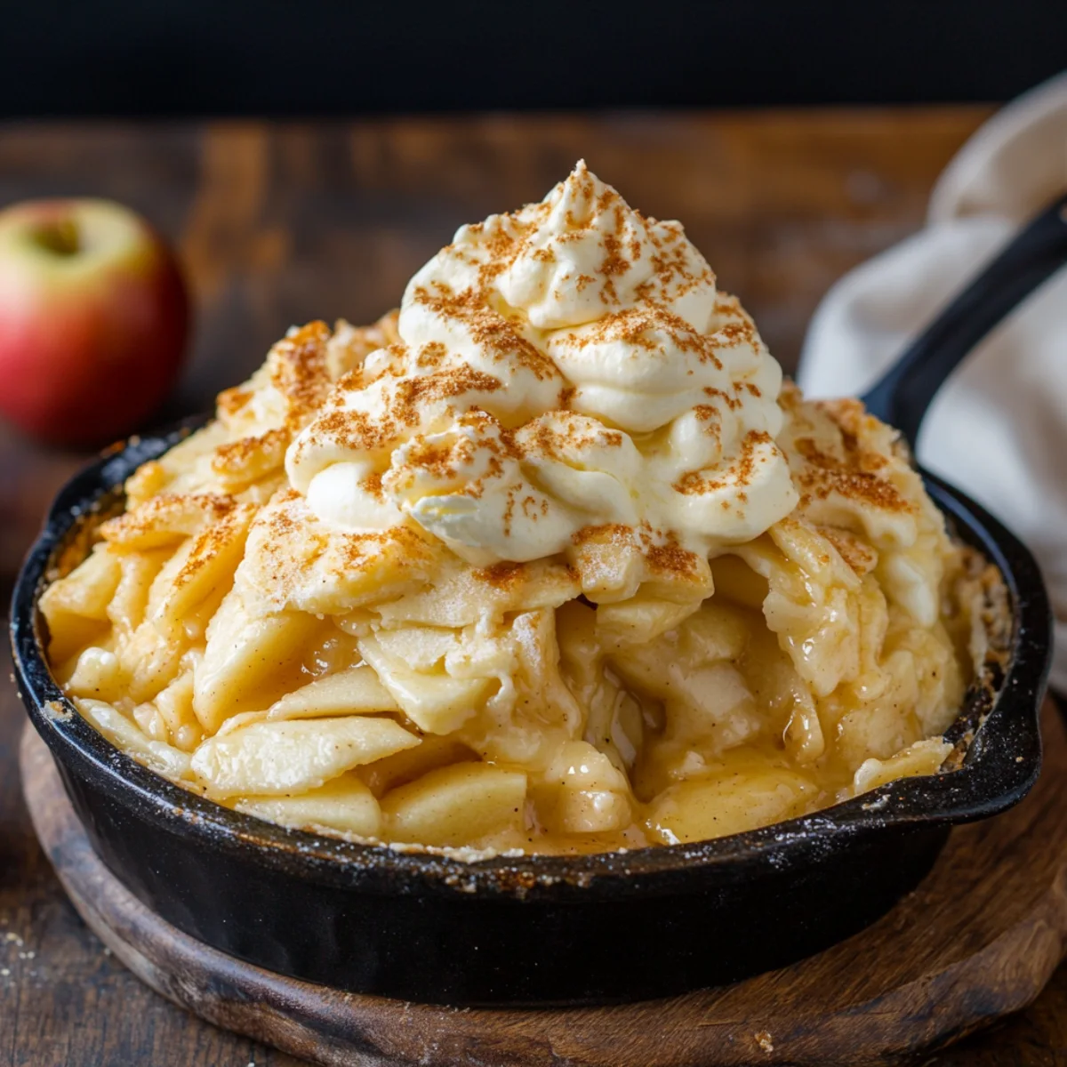 A golden apple pie with a lattice crust on a wooden table.