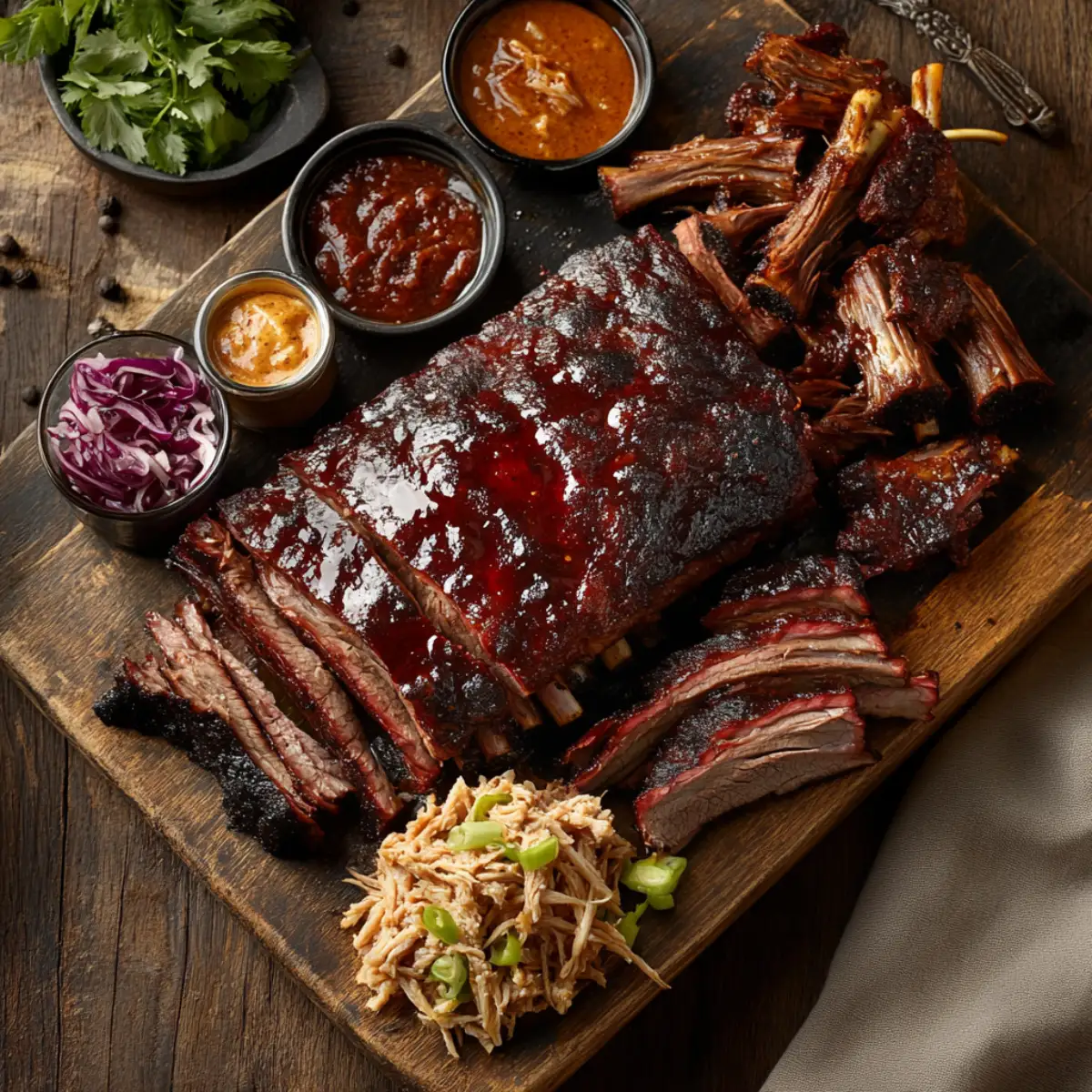 A rustic outdoor BBQ setup showcasing smoked meat recipes, including brisket and chicken.