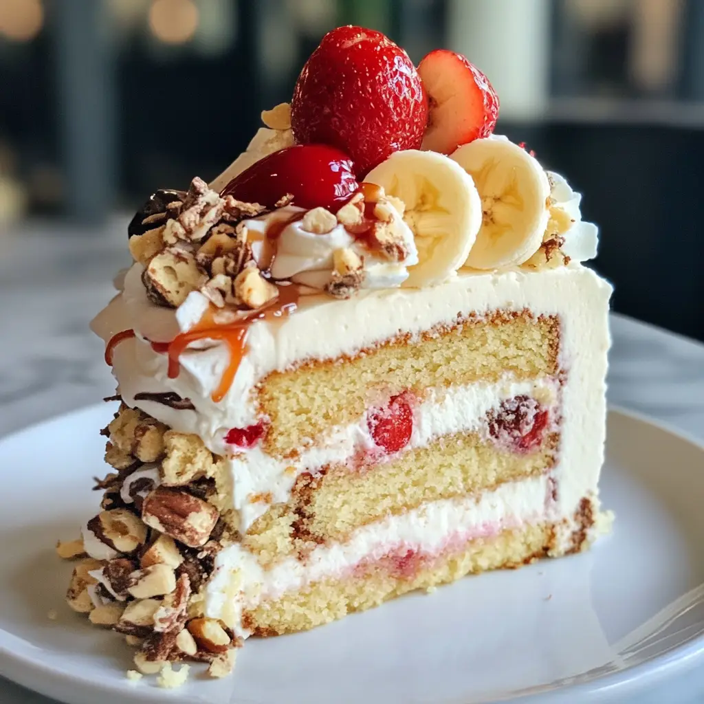 Banana Split Cake served on a white plate with cherries and chocolate drizzle.