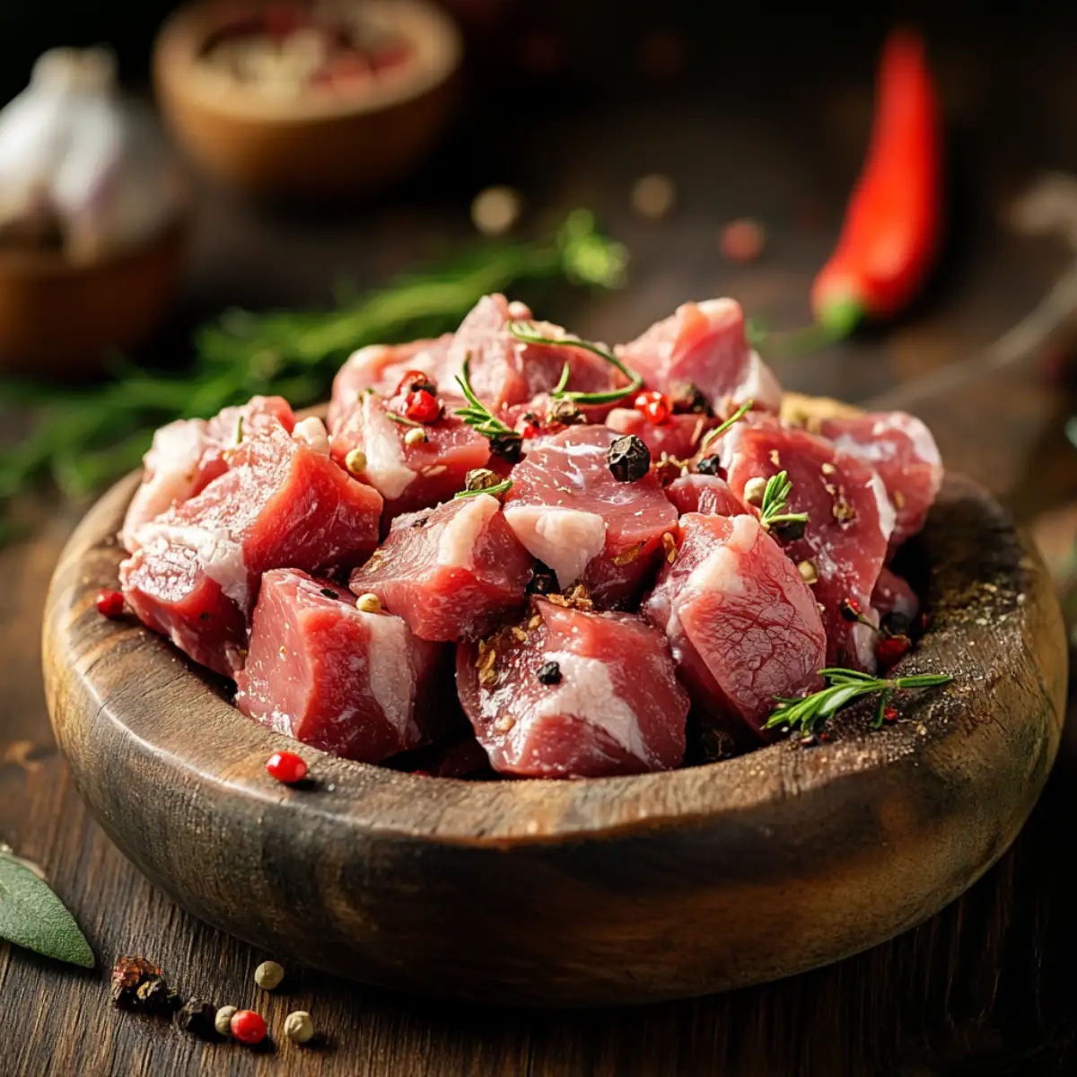 Raw pork boneless rib meat chunks on a wooden board with seasonings.