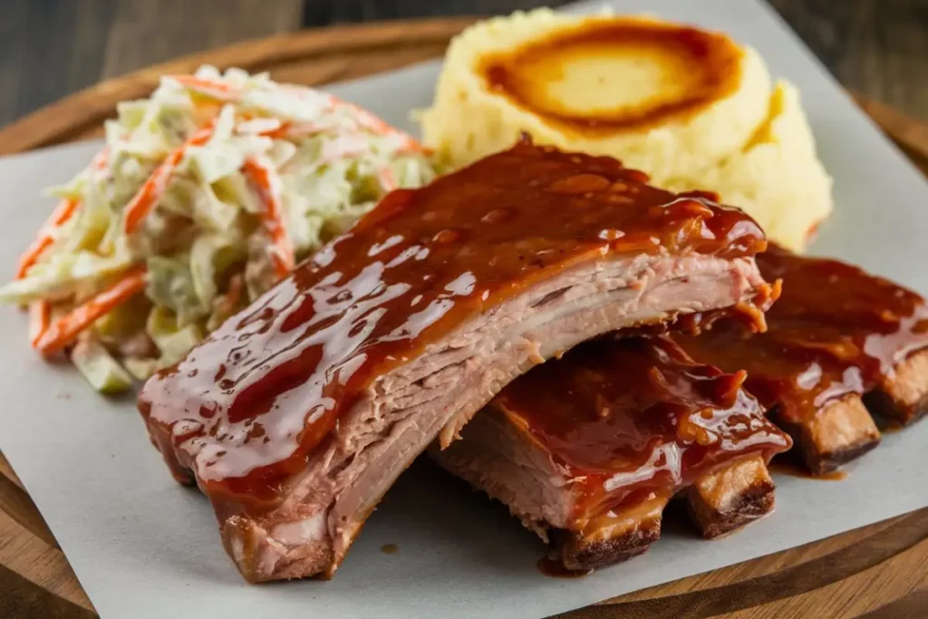 Boneless Pork Ribs glazed with barbecue sauce, served with mashed potatoes and roasted vegetables.