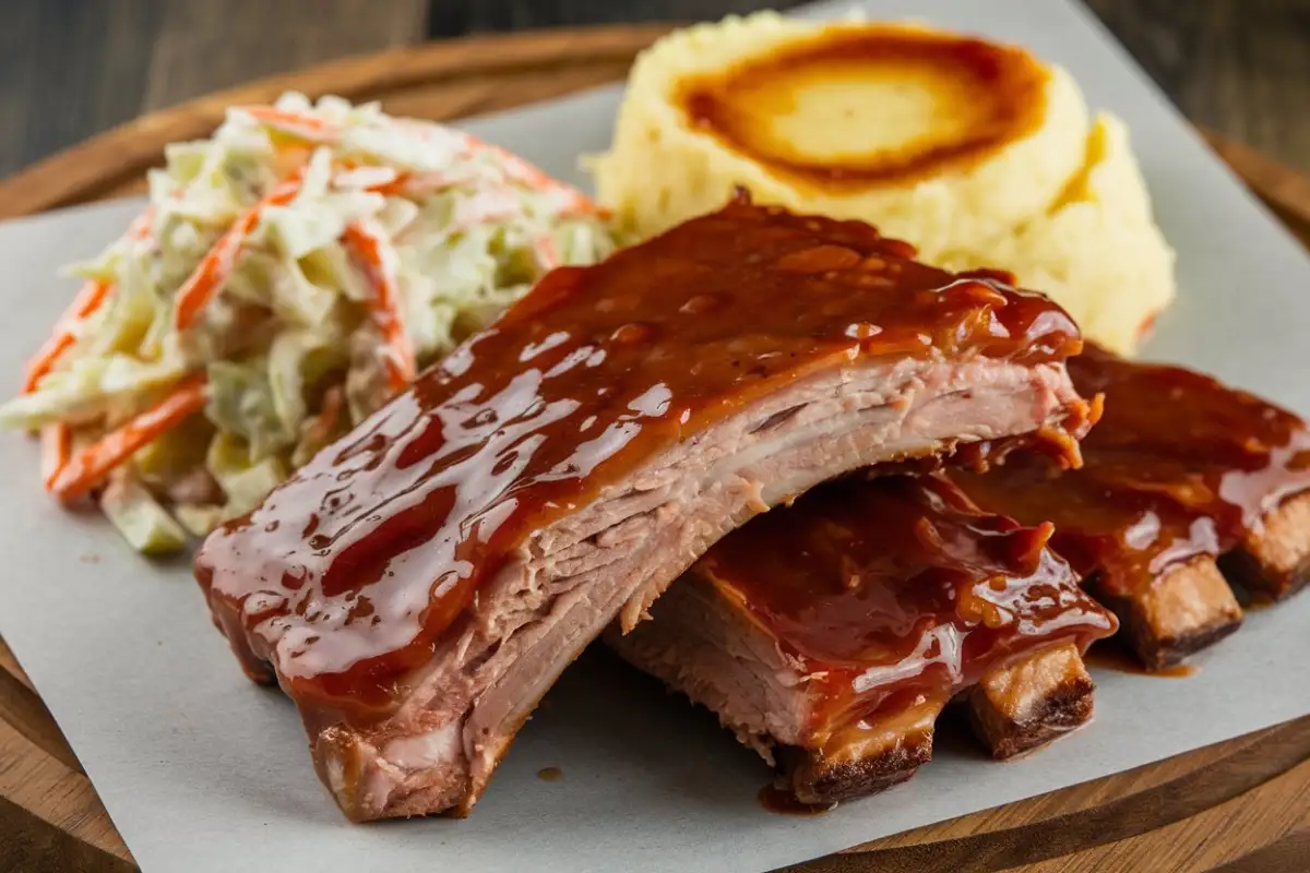 Boneless Pork Ribs glazed with barbecue sauce, served with mashed potatoes and roasted vegetables.
