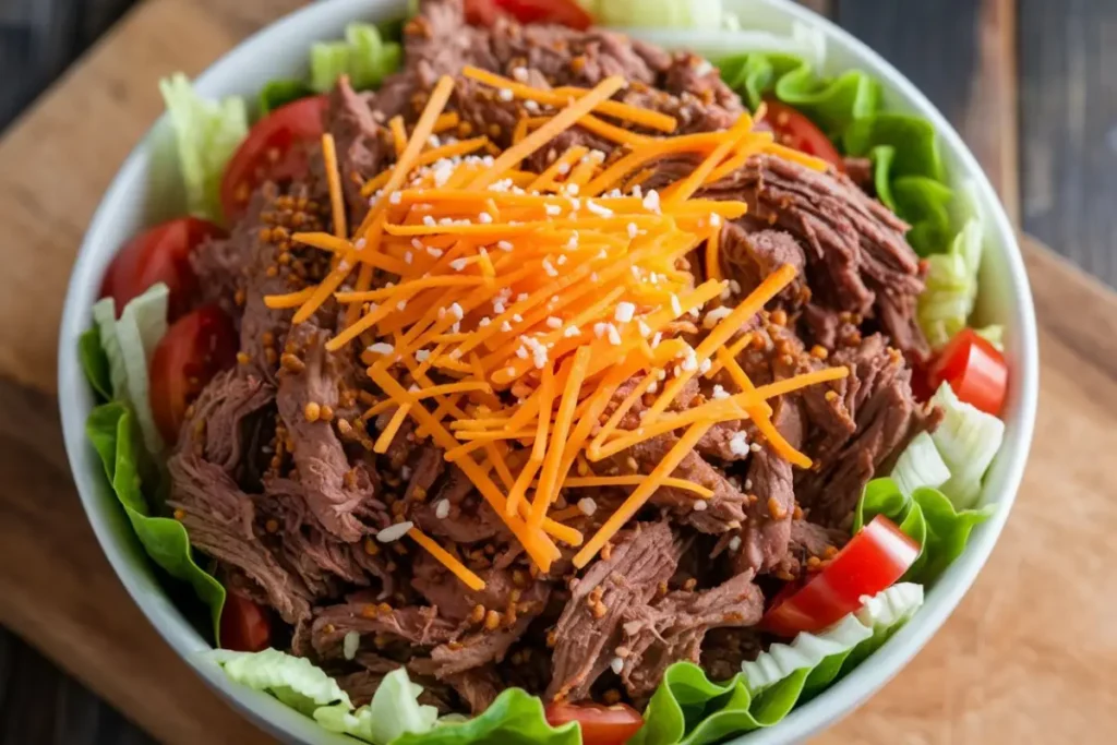 A flavorful taco bowl made with leftover taco meat, topped with fresh lettuce, diced tomatoes, shredded cheese, and avocado slices.