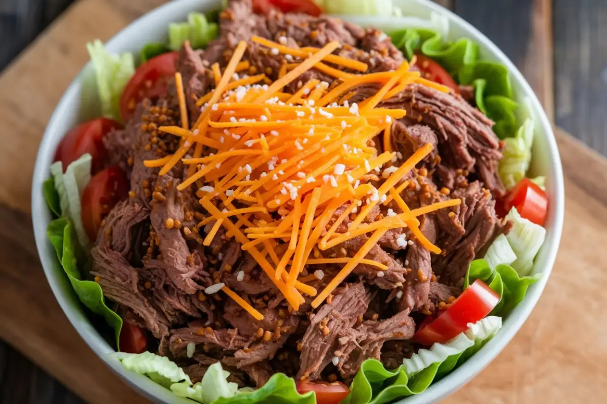 A flavorful taco bowl made with leftover taco meat, topped with fresh lettuce, diced tomatoes, shredded cheese, and avocado slices.