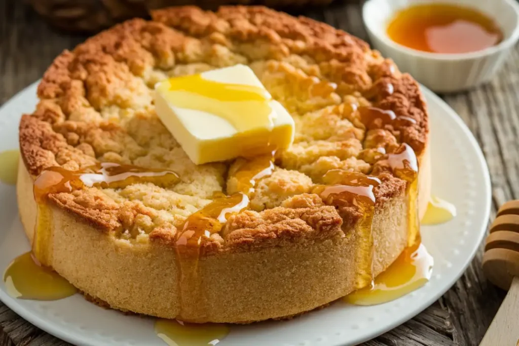 Hoe Cake Recipe - A stack of golden, crispy hoe cakes with honey and butter on a rustic wooden plate.