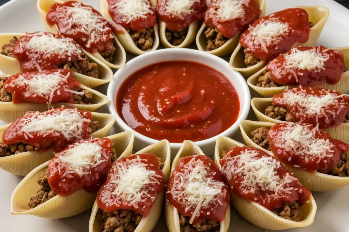 Stuffed Shells Recipe – A plate of stuffed shells with marinara sauce and melted cheese.
