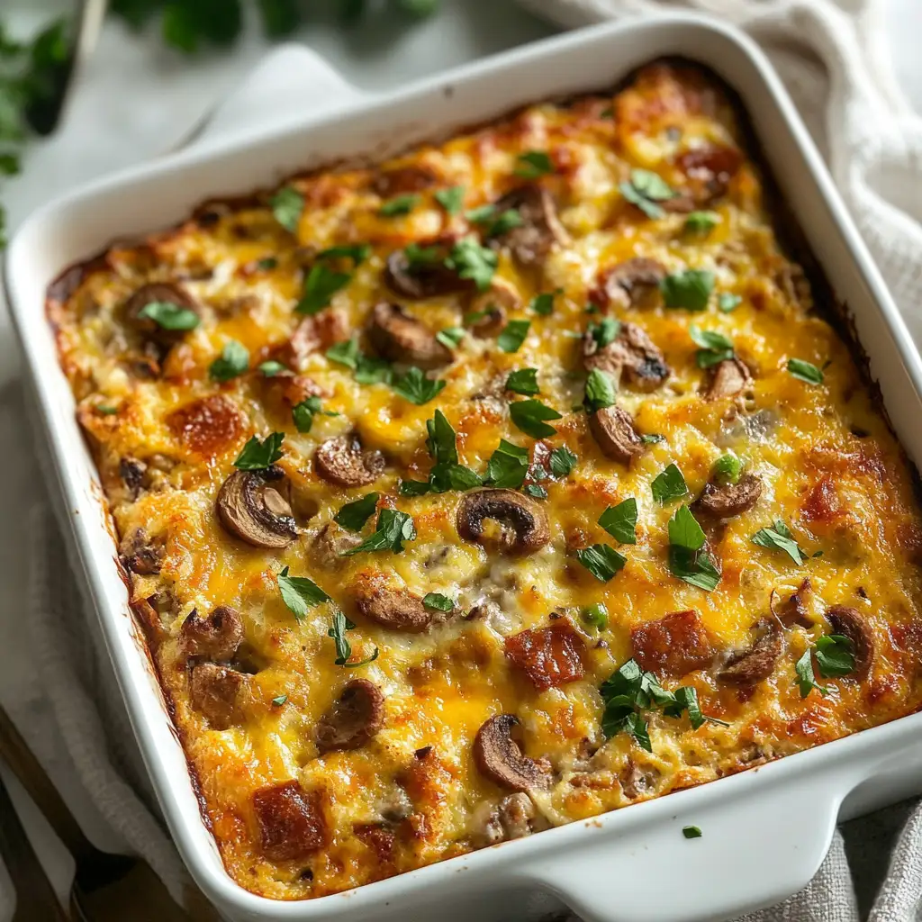 Freshly baked gluten-free breakfast casserole in a kitchen setting.