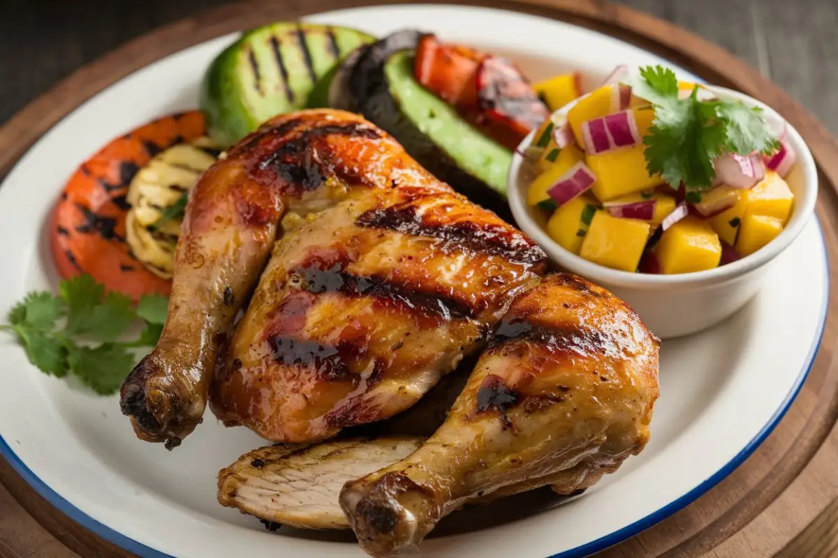 Pollo Asado Recipe – Juicy, golden-brown roasted chicken served with rice, beans, and grilled vegetables, garnished with fresh cilantro and lime wedges.