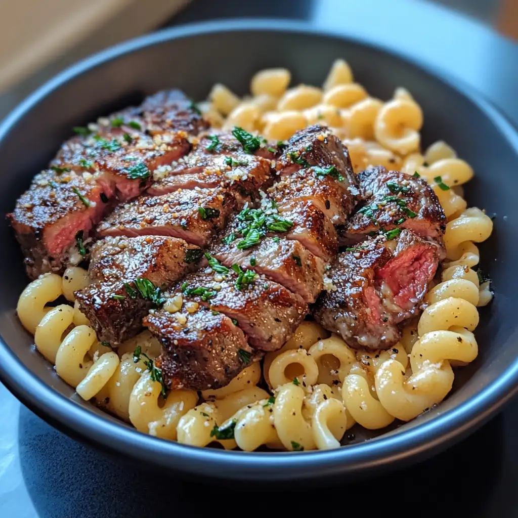 Plated steak and pasta with creamy sauce and garnish.