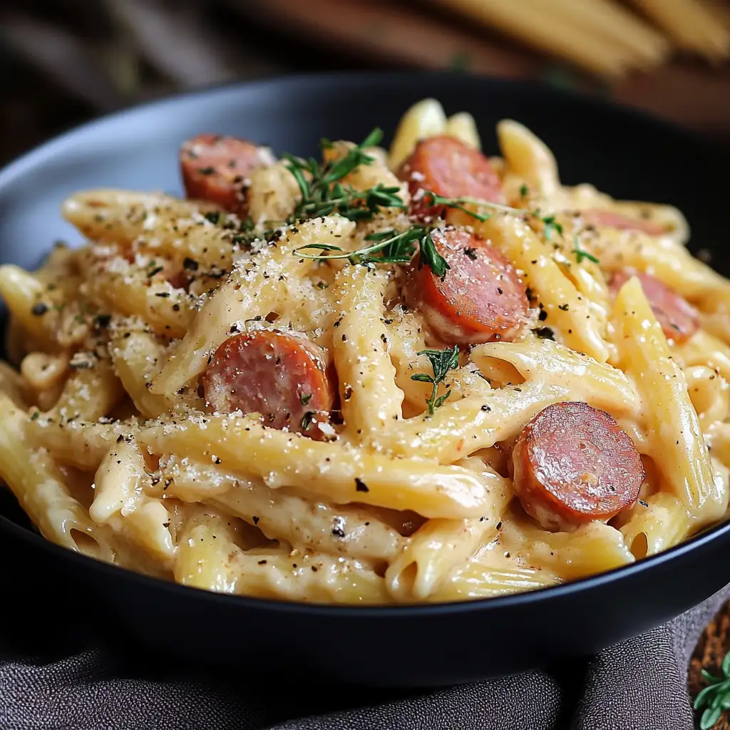 Creamy kielbasa pasta garnished with parsley on a rustic table.