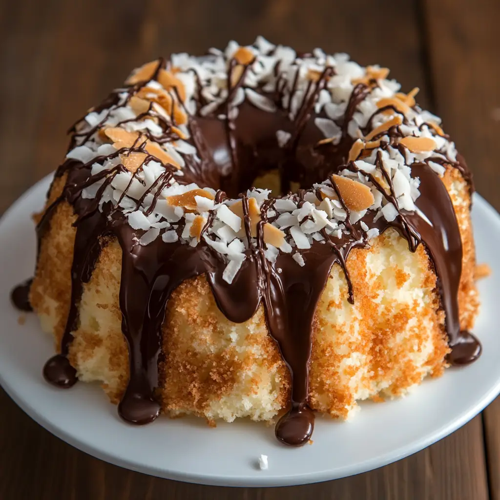 A Mounds cake topped with glossy ganache and garnished with coconut.