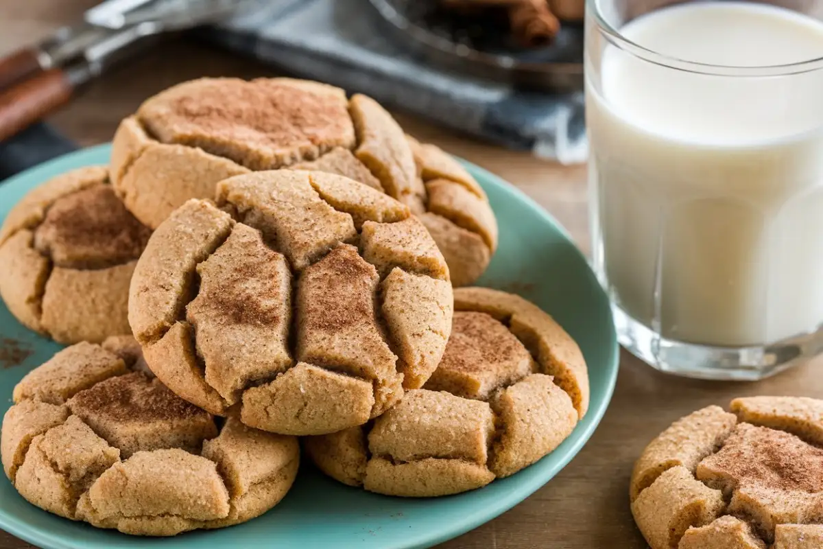 Cinnamon Cookie Recipe – Freshly baked cinnamon cookies on a rustic wooden table, with cinnamon sticks and a glass of milk beside them.