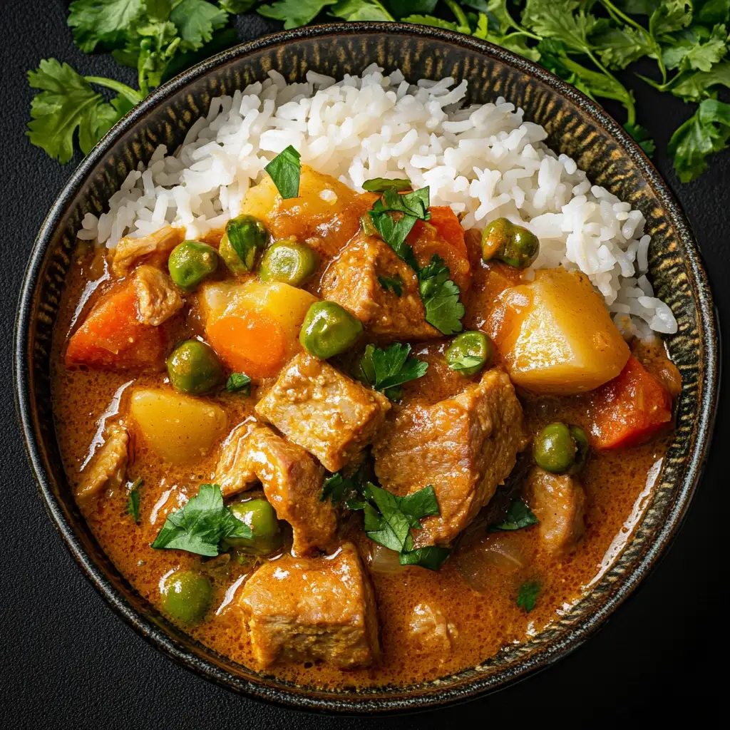 A delicious bowl of pork curry with garnishes and sides.