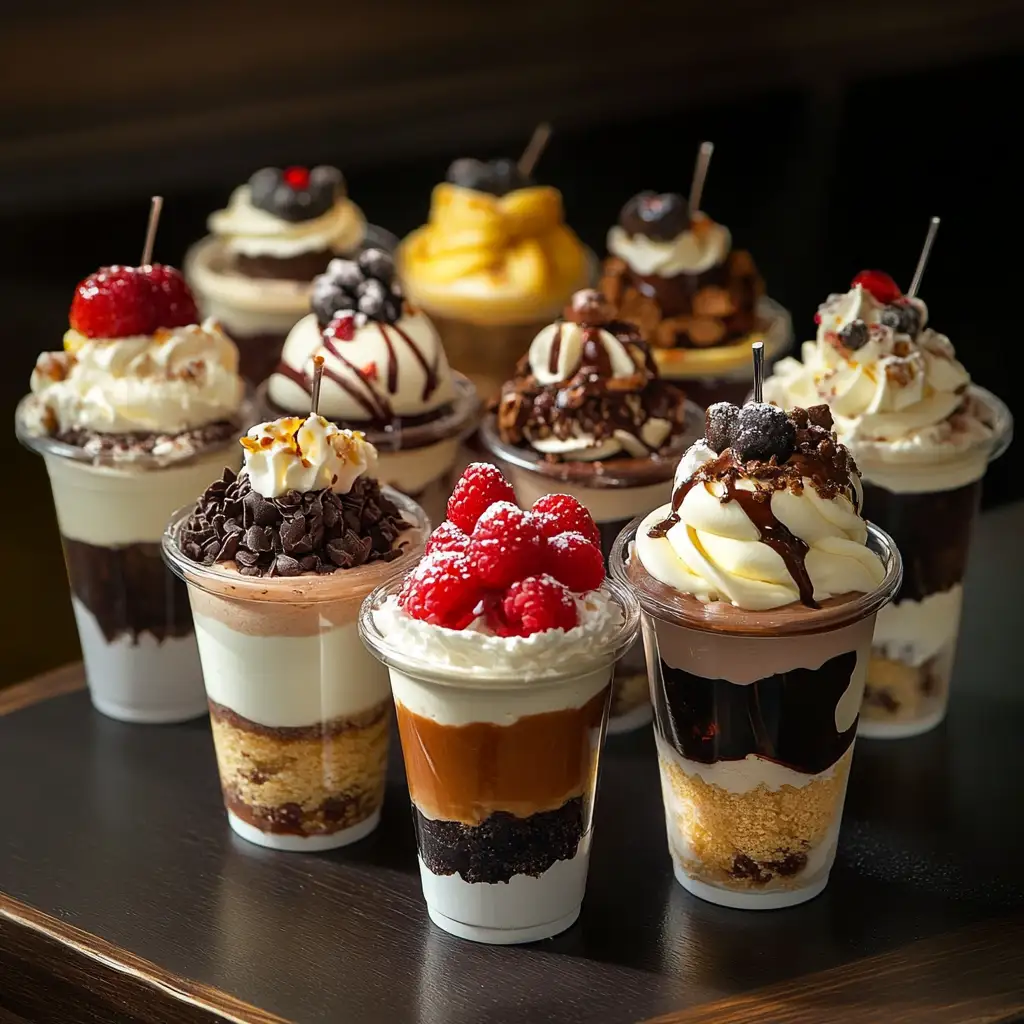 Assorted dessert cups with vibrant layers and garnishes on a wooden table.