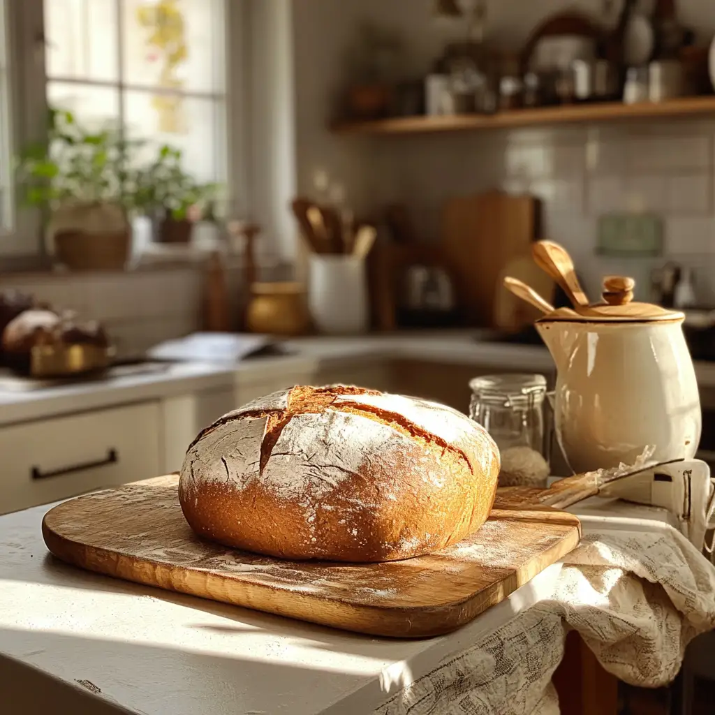 A golden loaf of vegan bread on a wooden board surrounded by baking ingredients.